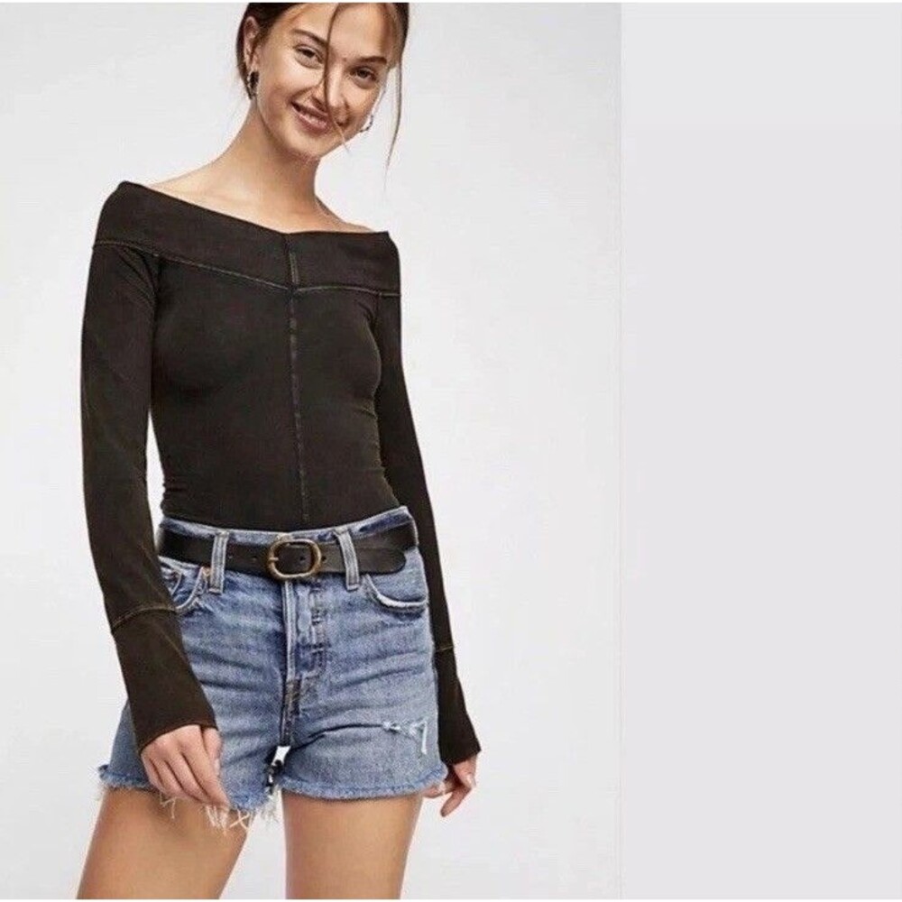 Free People Zone Out Long Sleeve Black Bodysuit Size S NWT Boho Off The Shoulder